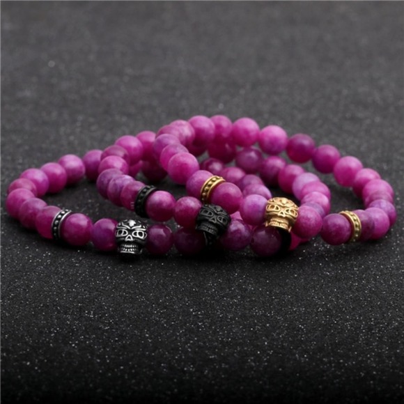 Purple Agate Stone Silver Skull Stretch Bracelet - Picture 3 of 3